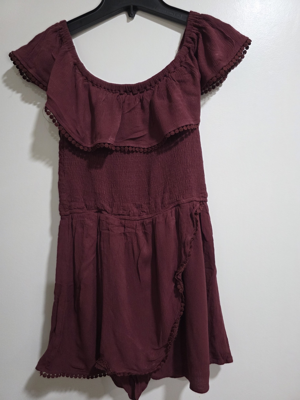 Justify Burgundy Off Shoulder Romper Medium Pom Pom Trim Boho
